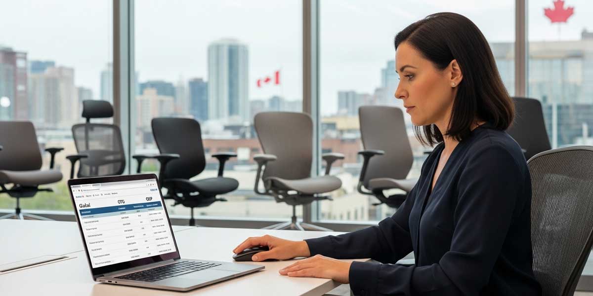 Office manager in a Canadian workplace comparing office chair warranties from Global, OTG, and OSP on a laptop, with ergonomic chairs in the background
