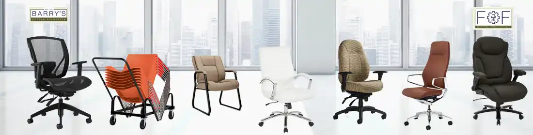 Range of office chairs including task, mesh, executive, guest and big and tall models in a bright Canadian office