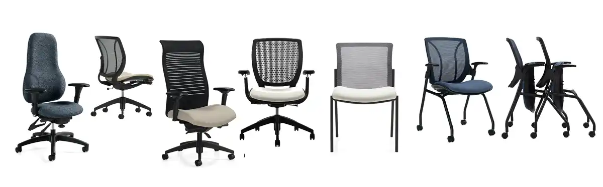 Different types of office chairs: ergonomic, executive, boardroom, guest, stackable