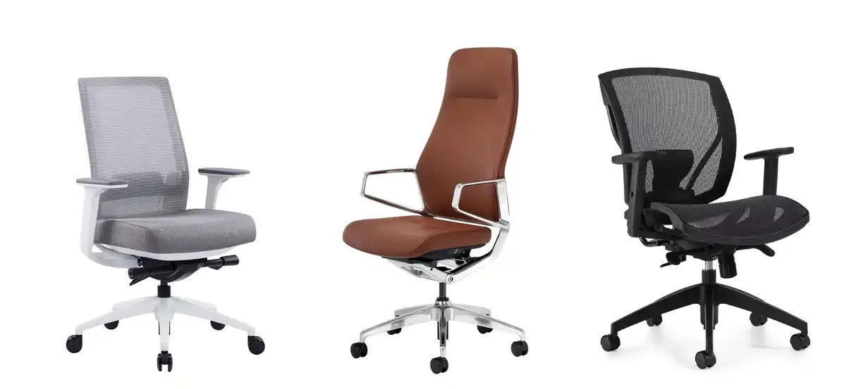 Different materials and finishes of office chairs: fabric, leather, mesh, white base, polished aluminum and black 